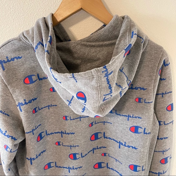 Champion Gray All Over Logo Pullover Hoodie Kangaroo Pocket-XL - Picture 7 of 10